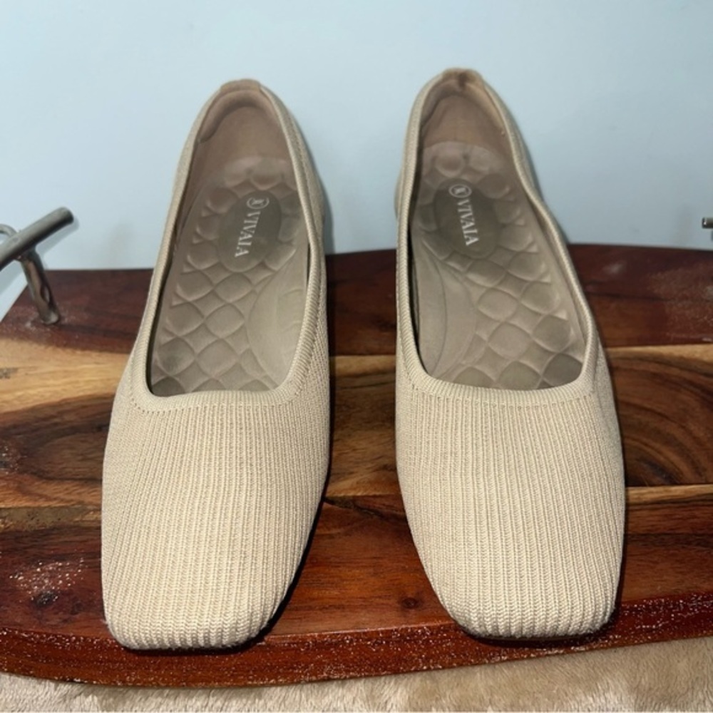 VIVAIA Knit Square Toe Block Heel Pumps Beige Sustainable Comfort Heels 39.5
